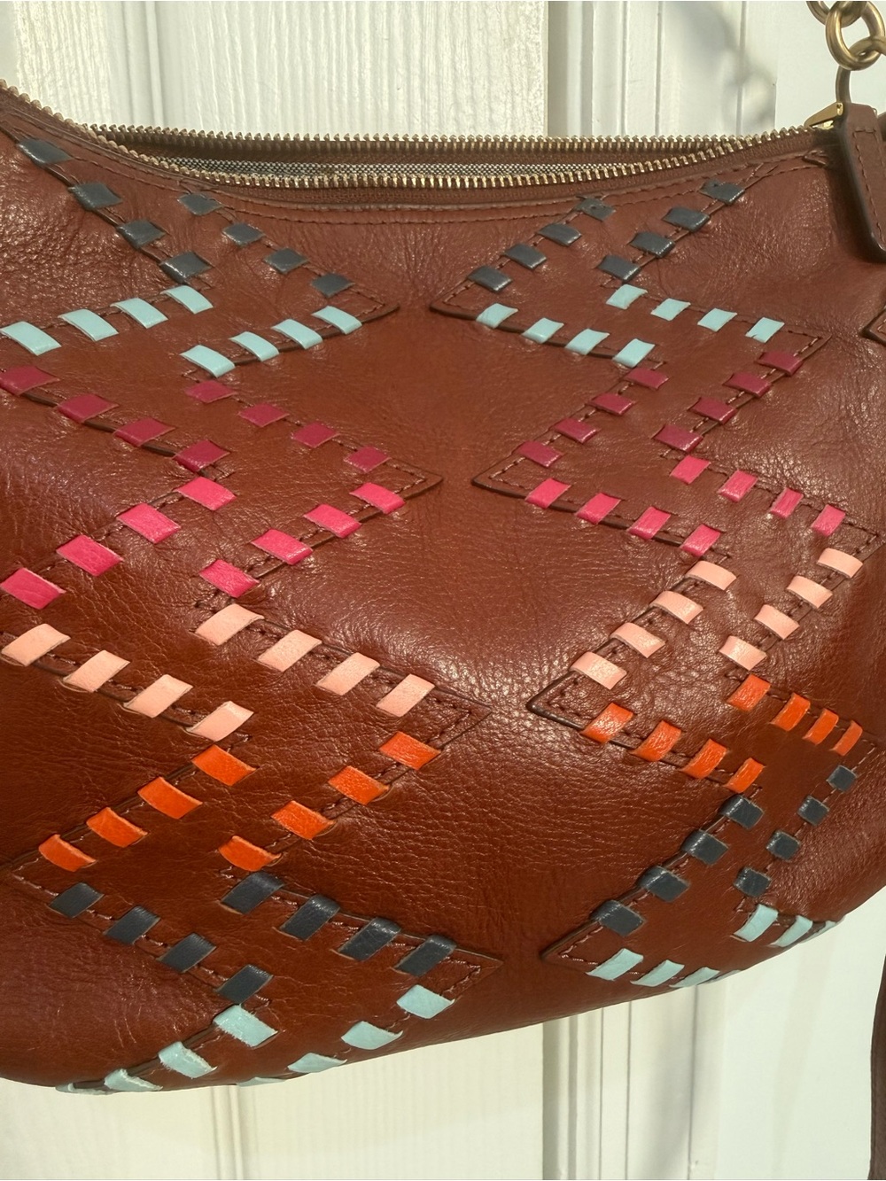 Fossil Brown Woven Leather Crossbody - Multi-Color Chevron + Key Charm - Picture 4 of 10